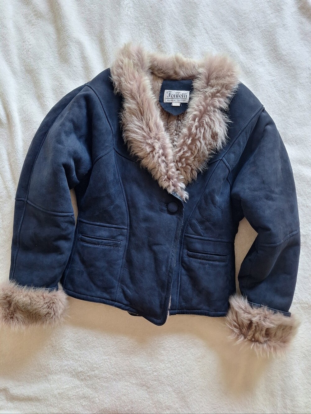 Vintage 1993 Fontelli Blue Suede Shearling Penny Lane Jacket Afghan Coat M
